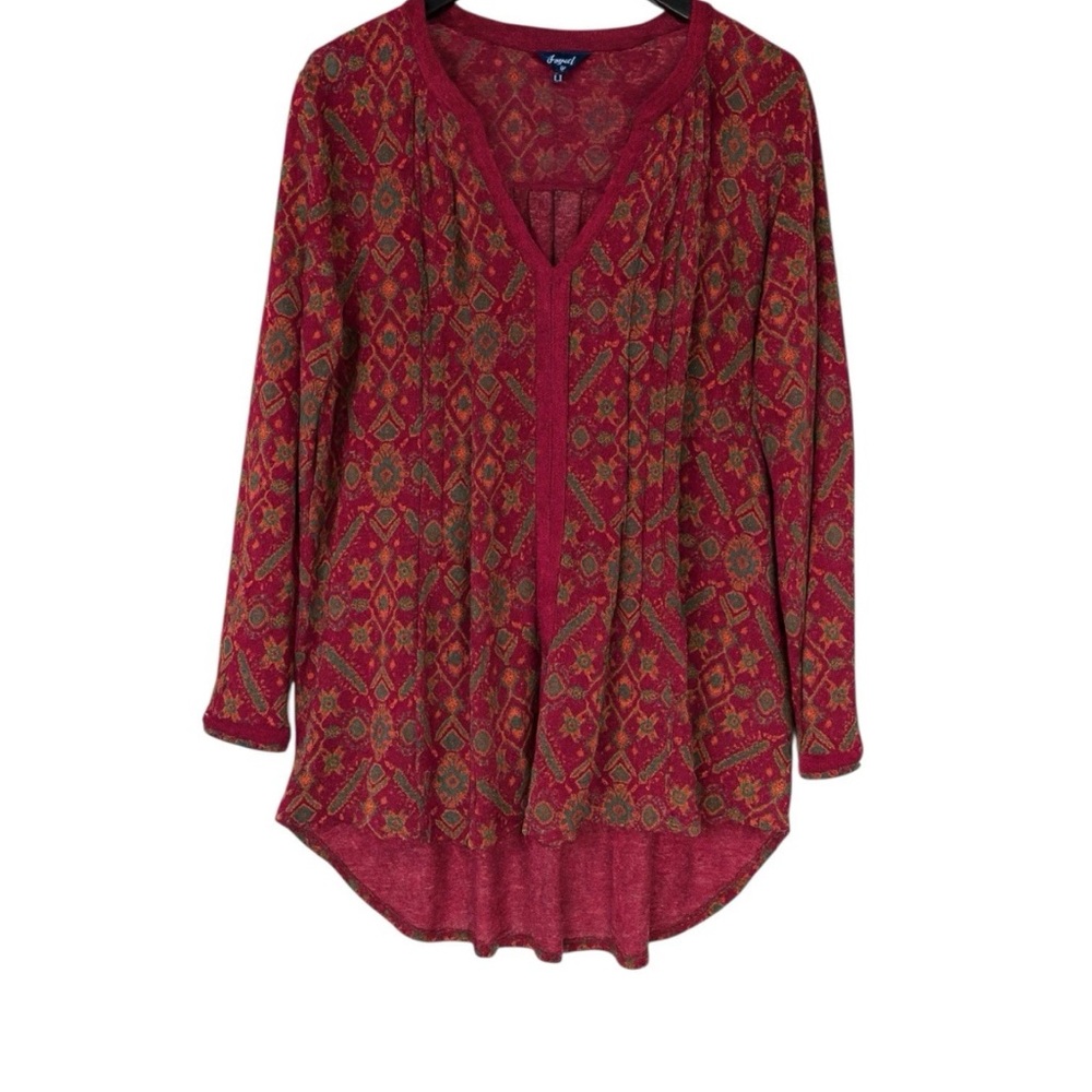 Lucky Brand Dark Floral  Flowy Small Top Boho Burgundy Aztec Print High Low Hem‎